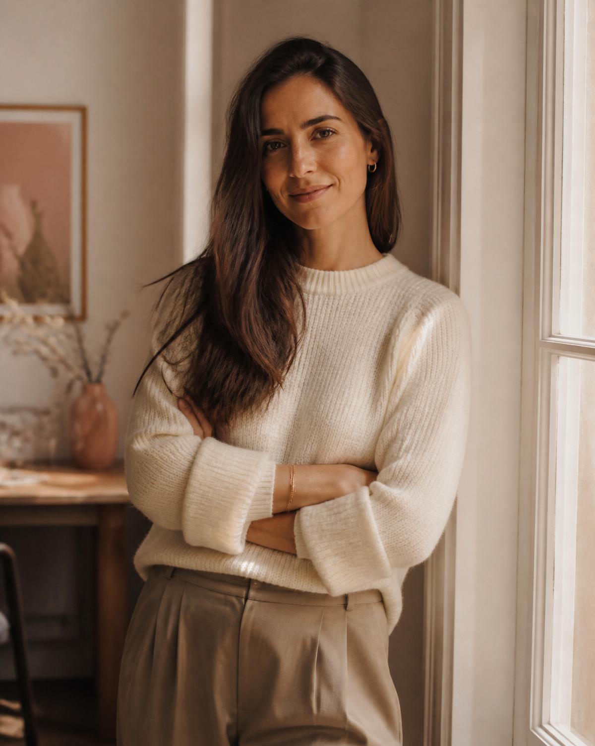 A woman standing near a sunlit window in a warm minimal interior